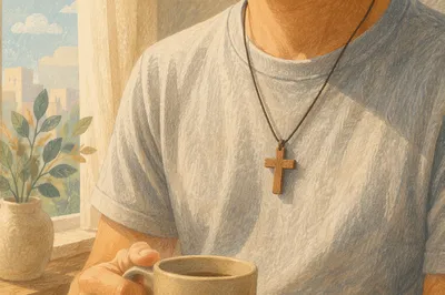 Wooden Cross Necklace on Gray Shirt