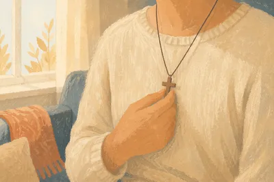 Wooden Cross Necklace in Morning Reflection