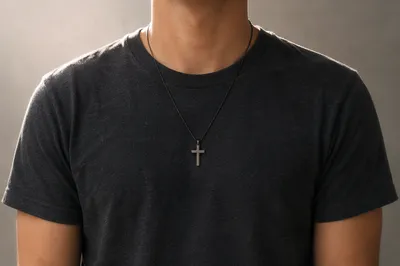 Simple Cross Necklace on Charcoal Shirt