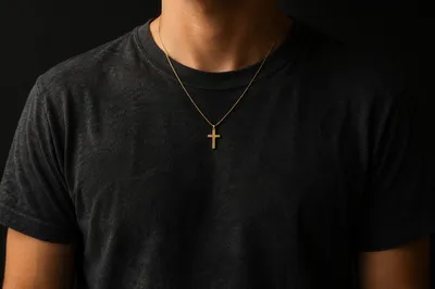 Gold Cross Necklace on Charcoal Shirt
