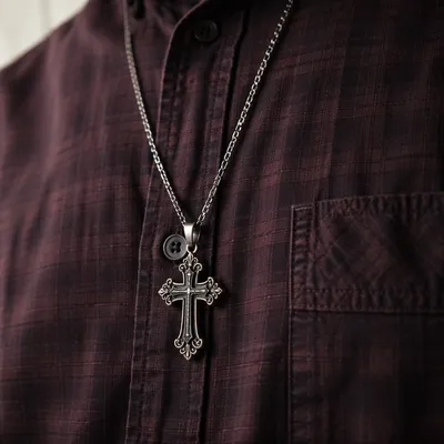 Silver Cross Necklace on Burgundy Shirt