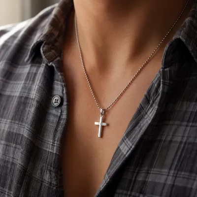 Silver Cross Necklace with Casual Plaid Shirt