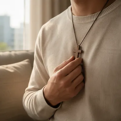 Wooden Cross Necklace in Morning Reflection
