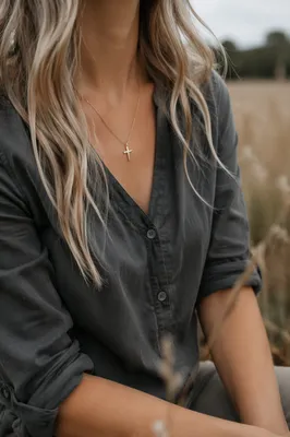 Gold Cross Necklace in Meadow Close-Up
