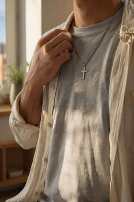 Cross Pendant on Casual Gray Shirt