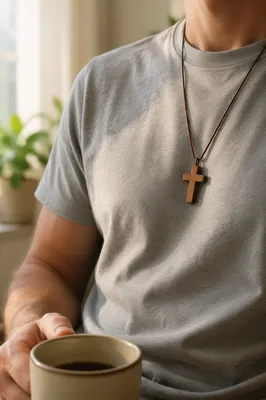 Wooden Cross Necklace on Gray Shirt