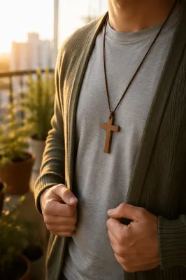 Wooden Cross Necklace in Morning Light