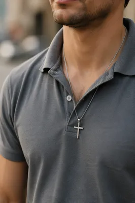 Silver Cross Necklace on Casual Shirt