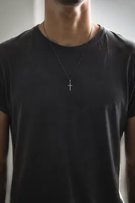 Simple Cross Necklace on Charcoal Shirt