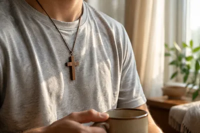 Wooden Cross Necklace in Quiet Morning Light