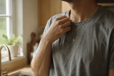 Cross Necklace on Gray T-Shirt
