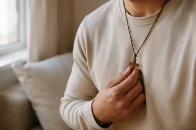 Wooden Cross Necklace in Morning Reflection