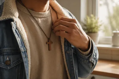 Wooden Cross Necklace in Morning Light