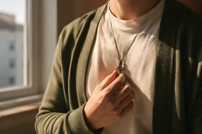 Wooden Cross Necklace in Quiet Morning Light