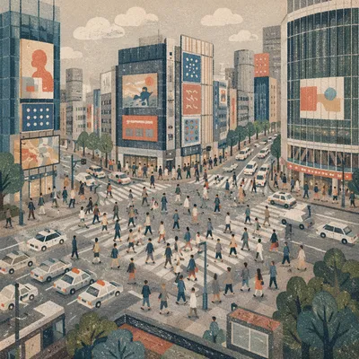 Busy Downtown Crosswalk From Above