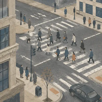 Busy Downtown Crosswalk from Above