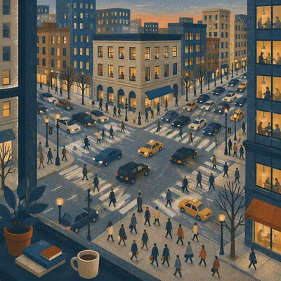 Busy Downtown Crosswalk at Dusk