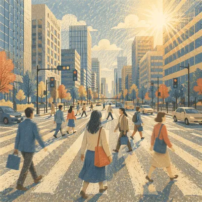 Busy Downtown Crosswalk at Golden Hour