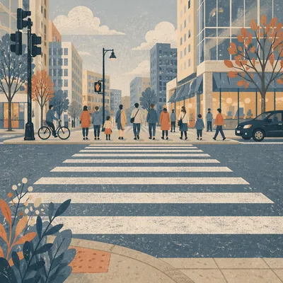 Downtown Crosswalk Pedestrians at Busy Intersection