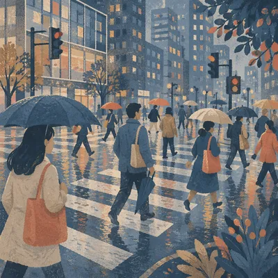 Busy Downtown Crosswalk at Early Evening