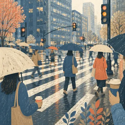 Rainy Downtown Crosswalk Morning Commute