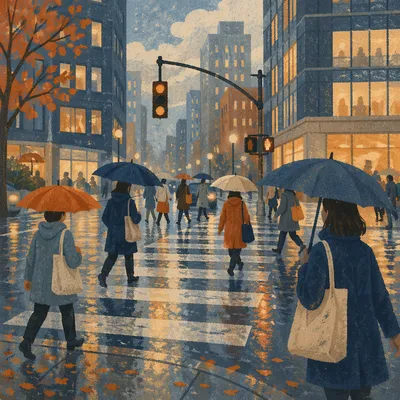 Rainy Downtown Crosswalk at Rush Hour