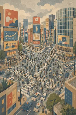 Busy Downtown Crosswalk From Above