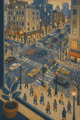Downtown Crosswalk Commuters at Dusk