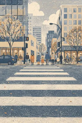 Busy Downtown Crosswalk at Early Evening