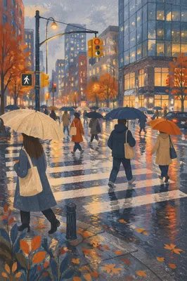 Rainy Downtown Crosswalk at Rush Hour
