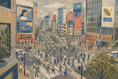 Busy Downtown Crosswalk From Above