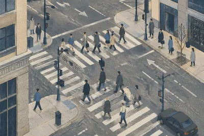 Busy Downtown Crosswalk From Above