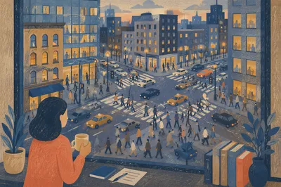 Busy Downtown Crosswalk at Dusk