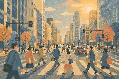 Busy Downtown Crosswalk at Sunset