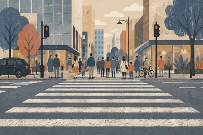 Busy Downtown Crosswalk at Early Evening