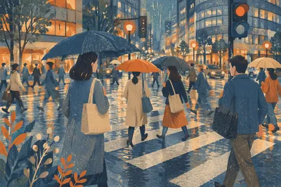 Busy Downtown Crosswalk at Early Evening