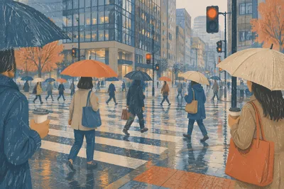Rainy Downtown Crosswalk Morning Commute