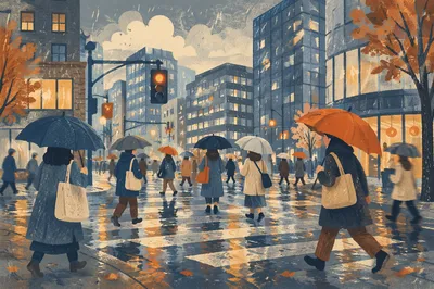 Rainy Downtown Crosswalk at Rush Hour
