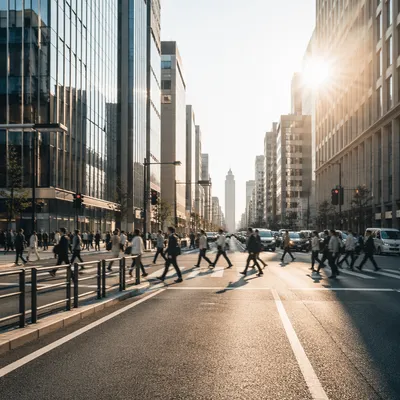 Busy Downtown Crosswalk at Sunset