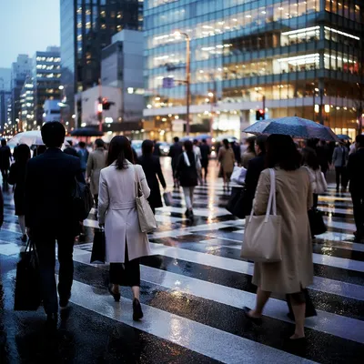 Busy Downtown Crosswalk at Early Evening