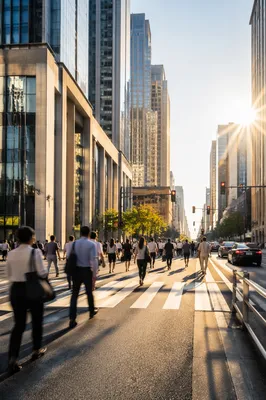 Busy Downtown Crosswalk at Golden Hour