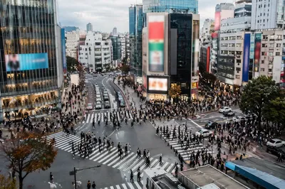 Busy Downtown Crosswalk From Above
