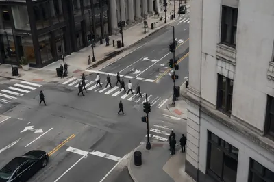 Busy Downtown Crosswalk from Office View