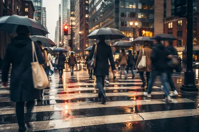 Rainy Downtown Crosswalk at Rush Hour