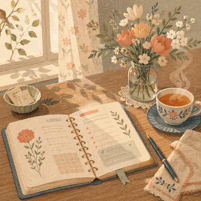 Peaceful Morning Planner with Tea and Flowers