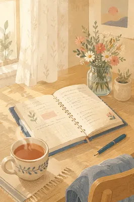 Peaceful Morning Planner with Tea and Flowers