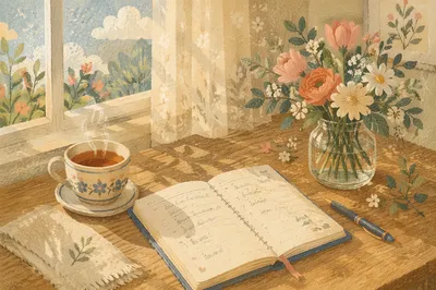 Peaceful Morning Planner with Tea and Flowers