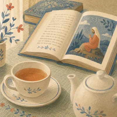 Tea Cup and Open Book Still Life