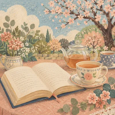Open Book and Tea on Garden Table