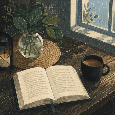 Open Book and Tea on Rustic Table